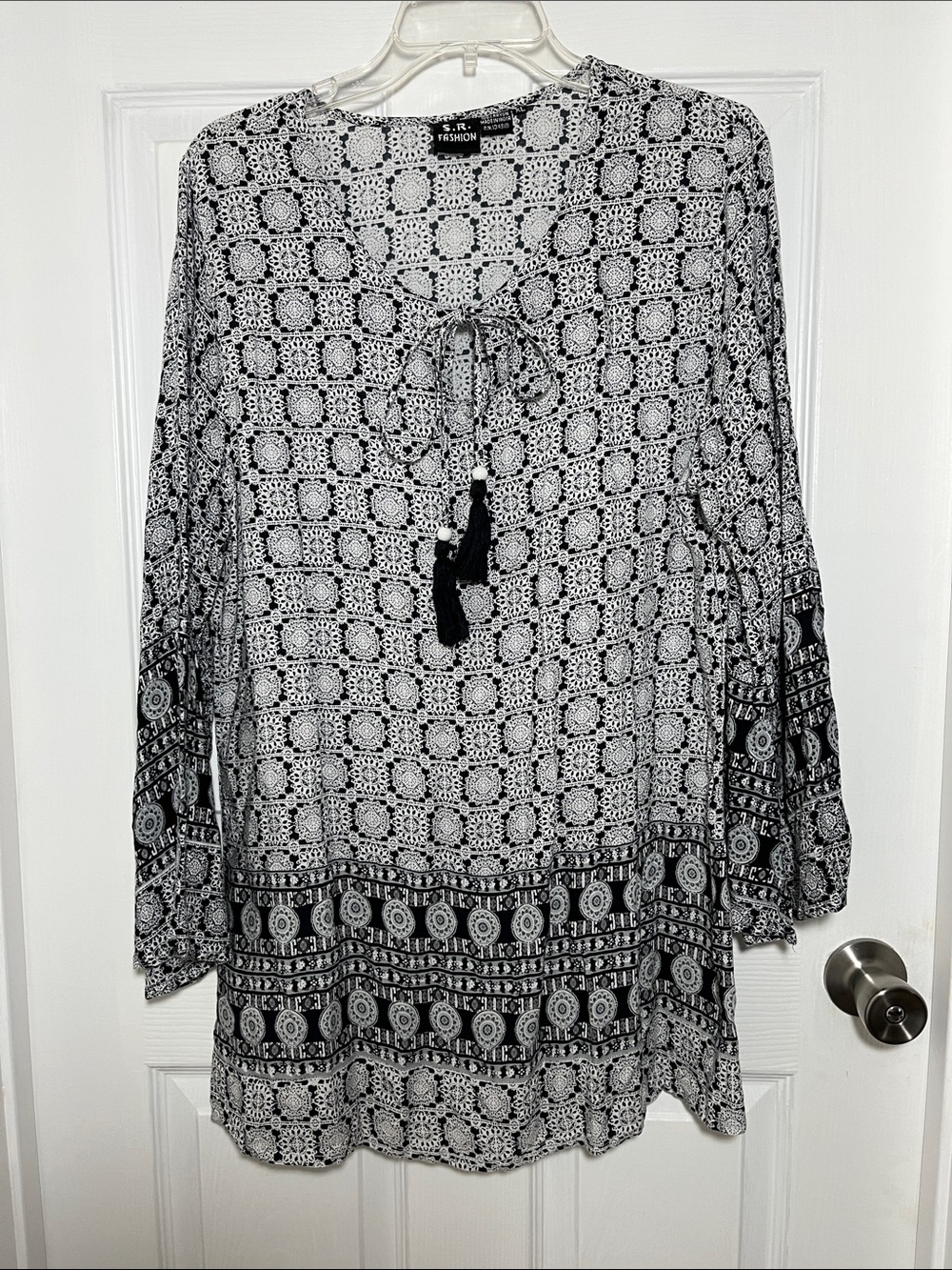 S.R.Fashion Black & White Printed Tunic with Tassel Tie
